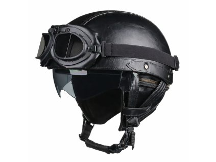 Retro helma na motorku s brýlemi černá