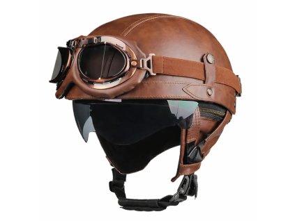 Retro helma na motorku s brýlemi hnědá
