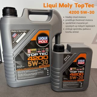 🔧 Liqui Moly TopTec 4200 5W-30 🔧 Prémiový motorový olej pre benzínové aj dieselové motory – s DPF aj bez neho. ✔️ hladký...