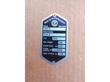 Výrobní typový štítek ČZ 125/473 Sport