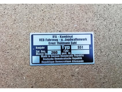 Výrobní typový štítek Simson S51