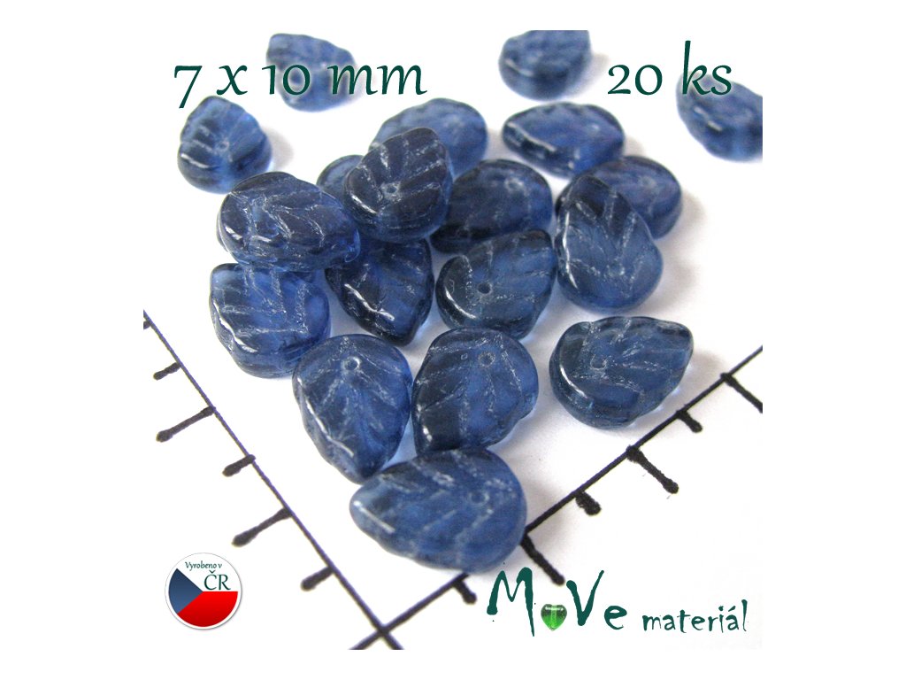 České skleněné lístečky 7x10 mm 20 ks, modré