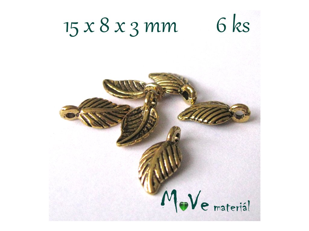 Přívěsek LÍSTEČEK 15x8x3mm, 6ks, starozlato