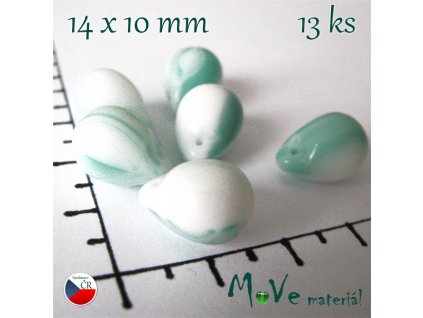 České skleněné bílotyrkysové slzičky14x10mm 13 ks