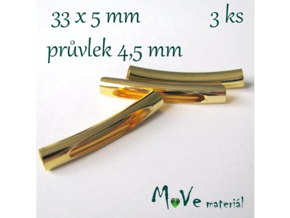 Korálek kovový 33x5mm trubička, 3ks, zlatý