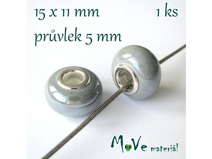 Korálek porcelán. s širokým průvlekem 1kus, tm. šedý