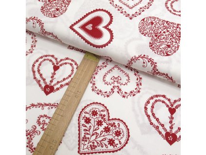 Bavlněné plátno - Srdce červená na krémově bílé - šíře 150cm/1bm