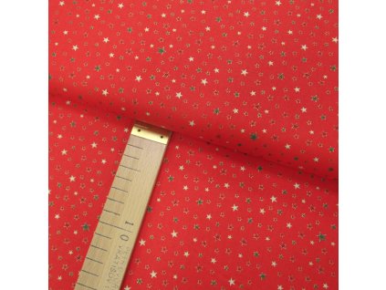 Bavlněné plátno - Hvězdičky malé červené, zelené, zlaté na červené - šíře 140cm/1bm