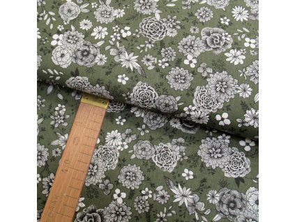 Bavlněné plátno - Květy bílo-černé na khaki - šíře 160cm/1bm