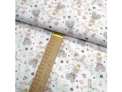 Bavlněné plátno - Myšky šedo-růžové na bílé - šíře 150cm/1bm