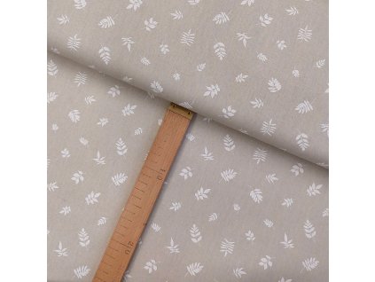 Bavlněné plátno - Bílé listy na šedo-béžové - šíře 150cm/1bm
