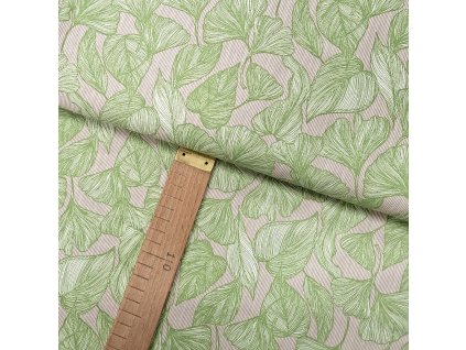Bavlněné plátno - Listy a pruh zelená, béžová, bílá - šíře 150cm/1bm