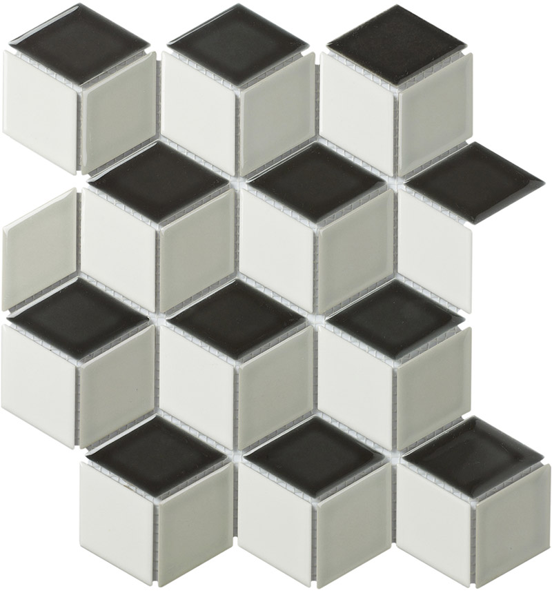 Keramická mozaika mix bílá šedá černá lesklá kosočtverce 4,8×8,1 cm The Mosaic Factory – obklad