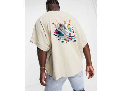 asos design oversized button through v neck t shirt in beige