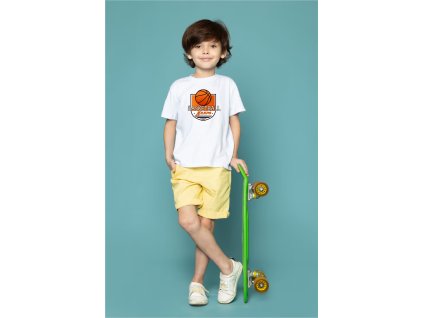 front view cute child boy white t shirt yellow jeans holding green skateboard blue floor 179666 1008