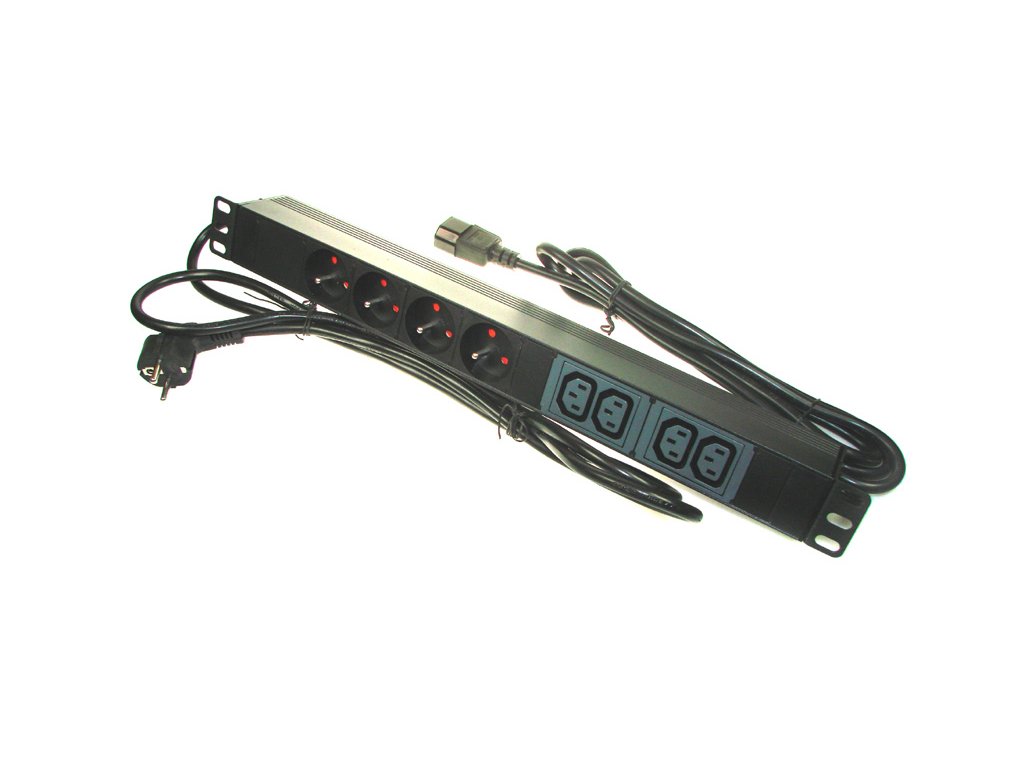 Rack patch napájacia lišta, 1U, 19", 4x zdierka 230V, 4x zdierka počítačová