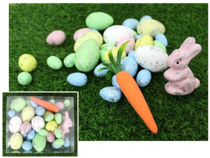 Polystyrenová dekorace vajíčka, králík, mrkev, balení 18x15x5 cm