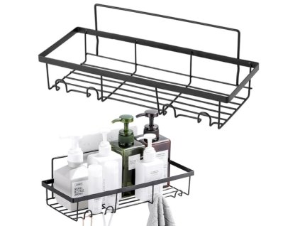 Koupelnová polička do sprchy, nástěnná, kovová, 4x háček