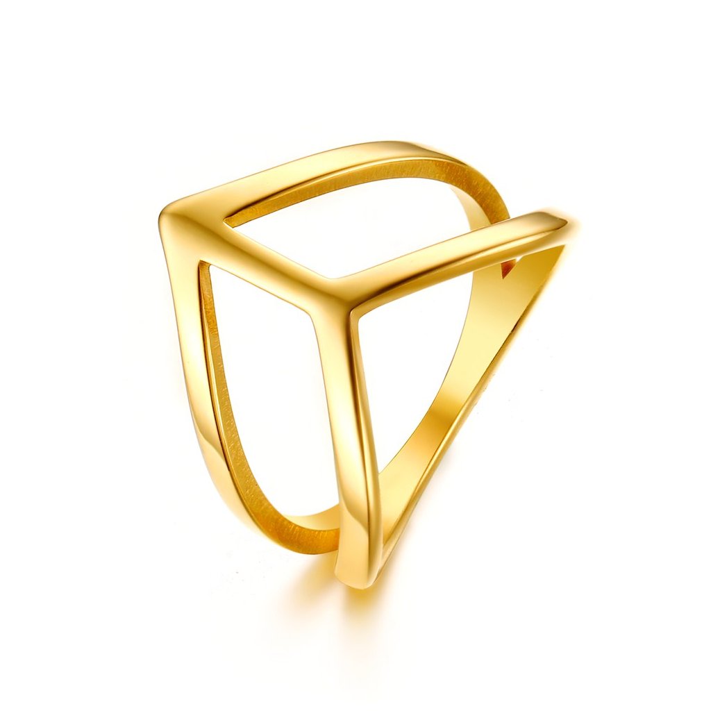 Dámsky prsteň dvojitý zlatý oblý V tvar z chirurgickej ocele