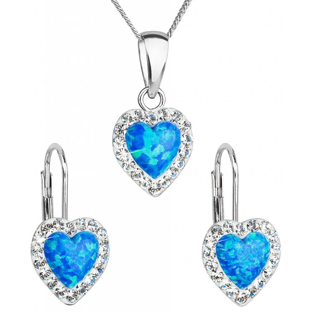 Súprava šperkov so synt. opálom a Swarovski crystals, náušnice a prívesok,  modré srdce Ag 925/1000 Rh (2g) - mŠperk.sk