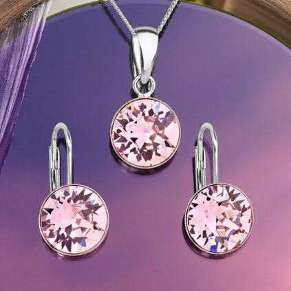 Sada šperkov s krištáľmi Swarovski náušnice, retiazka a prívesok ružové okrúhle