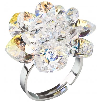 Strieborný prsteň s krištáľmi Swarovski biely kvietok, pre ženy, pre slečny, crystal aurore boreale, nastaviteľný prsteň