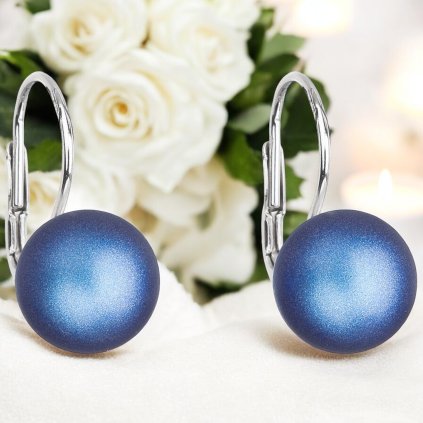 Visiace strieborné dámske náušnice s perlou Swarovski crystals dark blue