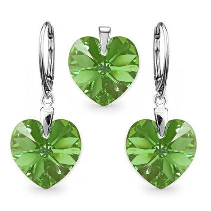 Strieborný set SWAROVSKI ELEMENTS v tvare srdca zelená farba