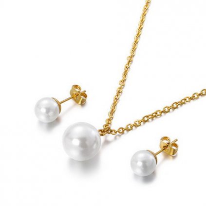 Dámsky náhrdelník 45 cm a náušnice so synt. perlou z chirurgickej ocele