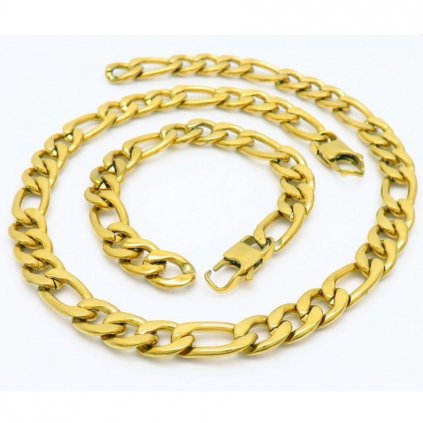 Hrubá zlatá súprava Figaro 11 z chirurgickej ocele náhrdelník 60 cm náramok 21 cm
