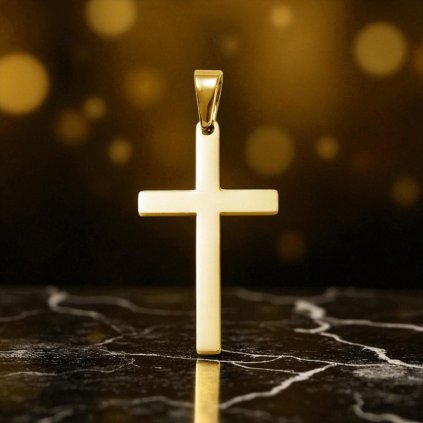 Prívesok krížik zlatej farby z chirurgickej ocele 40 mm
