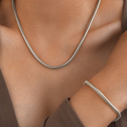Dámska súprava z nerezovej ocele – Hadia retiazka a náramok (Strieborná farba)