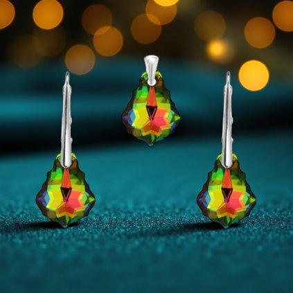 Prívesok a náušnice Barok Made With Crystals zeleno oranžové odlesky
