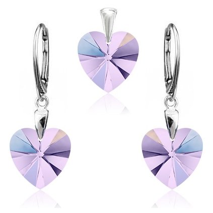 Strieborný set SWAROVSKI ELEMENTS v tvare srdca svetlo fialová farba