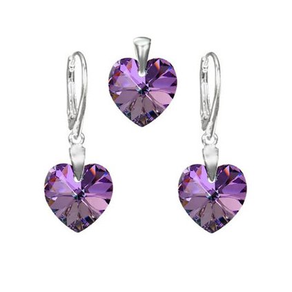 Strieborný set Swarovski Elements Srdcia 10 mm fialová farba