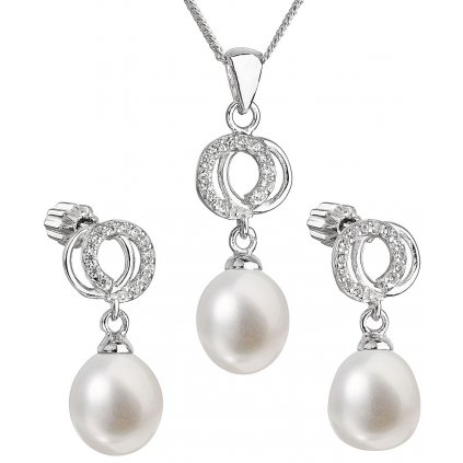 Súprava šperkov z bielych, riečnych perál s malým kruhom so zirkónmi