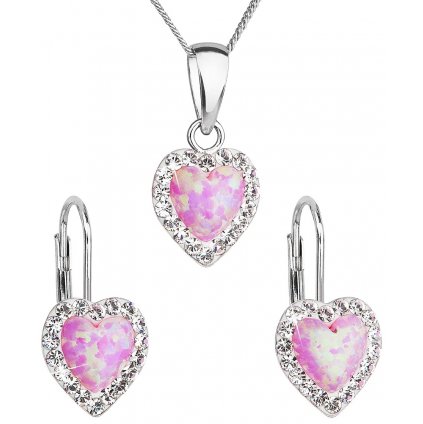 Súprava šperkov v tvare srdca so synt. opálom a Swarovski crystals, náušnice a prívesok, ružová farba