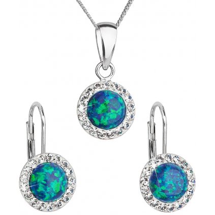 Prívesok a náušnice so synt. opálom a Swarovski crystals - zelená farba