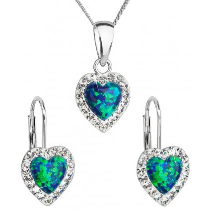 Súprava šperkov v tvare srdca so synt. opálom a Preciosa crystals, zeleno modrá farba