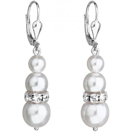 Strieborné dámske náušnice so Swarovski Crystals biele, biele perly, visiace náušnice, pre slečny, pre ženy