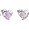 Strieborné dámske náušnice v tvare srdiečka s ružovým opálom, dievčenské náušnice