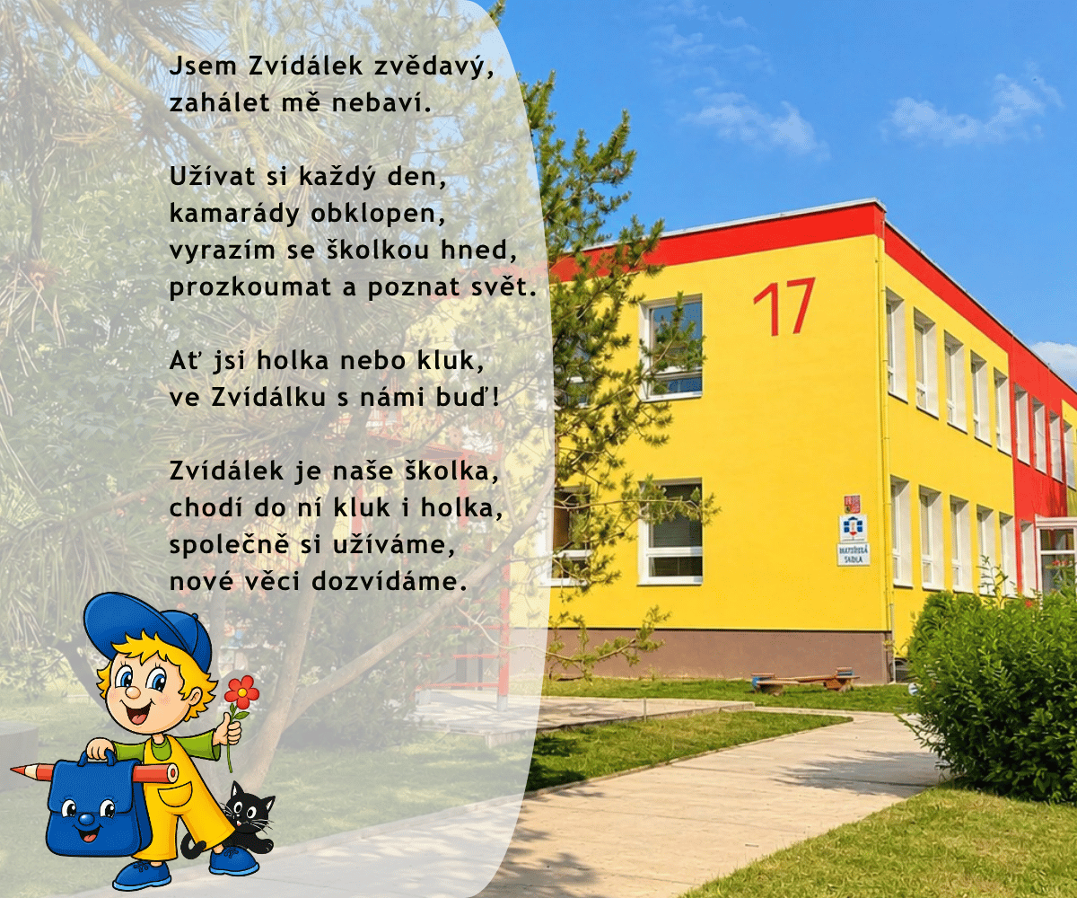 Carousel s fotkou budovy MŠ kachlíkova 17. Obrázek Zvídálka a školková básnička.