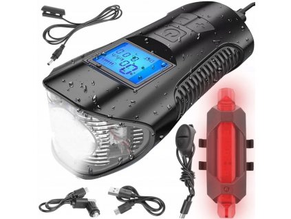 ISO 12044 Voděodolné LED světlo na kolo USB, tachometr, el.zvonek 150db