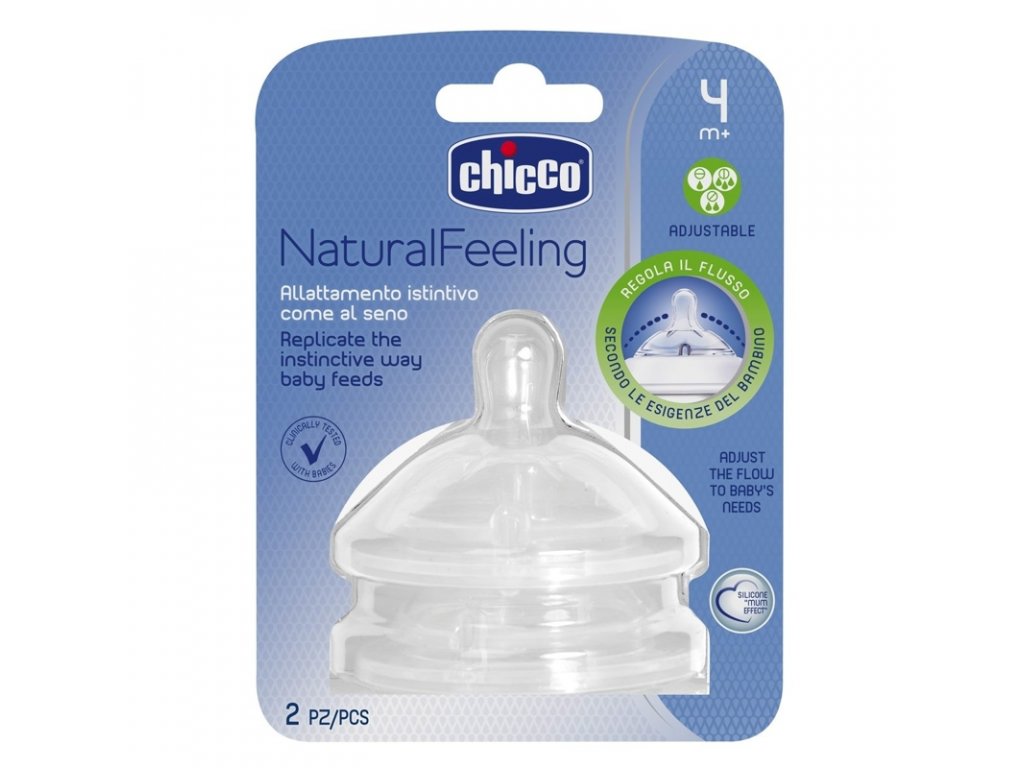 CHICCO Dudlík na láhev Natural Feeling silikon, nastavitelný průtok 4m+, 2 ks