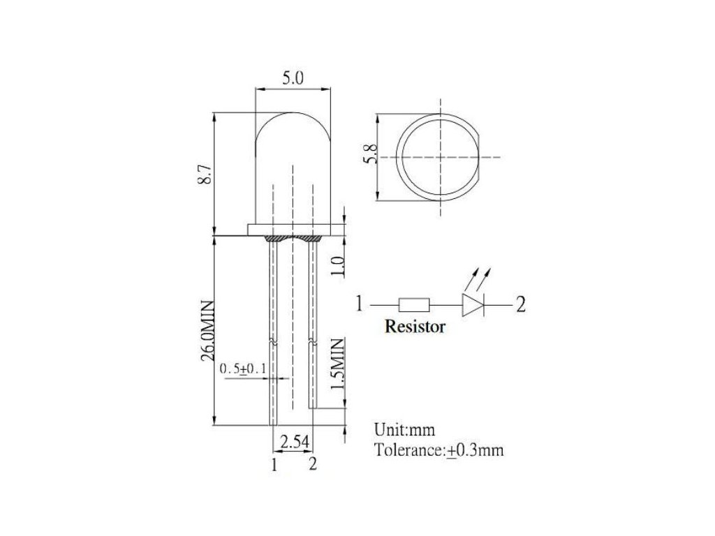 5mm 12V LED mit Widerstand und Kabel - weiß - 5St