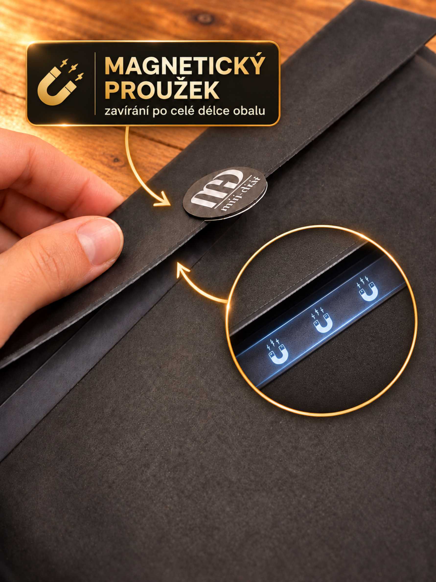 Magnetické zavírání obalu po celé délce