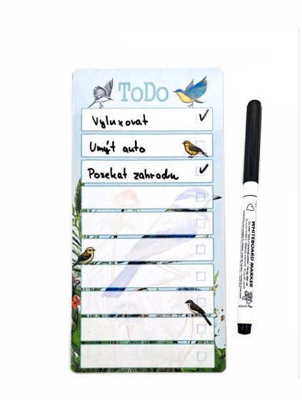 Magnetický To Do, malý - přepisovatelný + černý fix (ptáčcí)