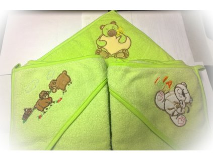Dětská osuška 90x90 z termofroté s výš. Medvidka srdce zelená