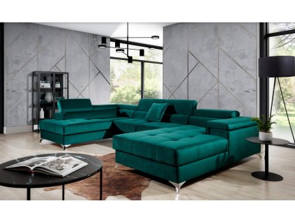 stylová sedačka eduardo smaragdově zelená v obývacím pokoji