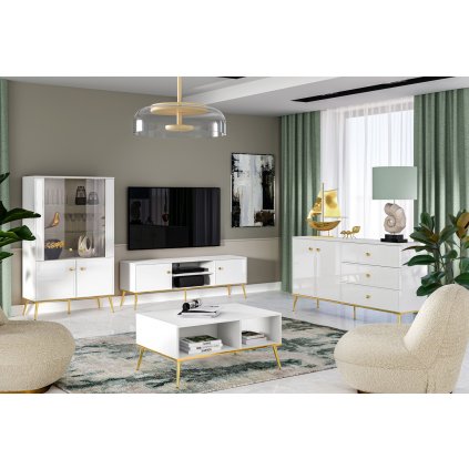 designová obývací pokoj gordon v bílém lesku se zlatýma nohama
